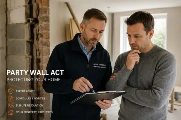Party wall surveyor Bentley discussing extension plans with homeowner outside a UK semi-detached house.